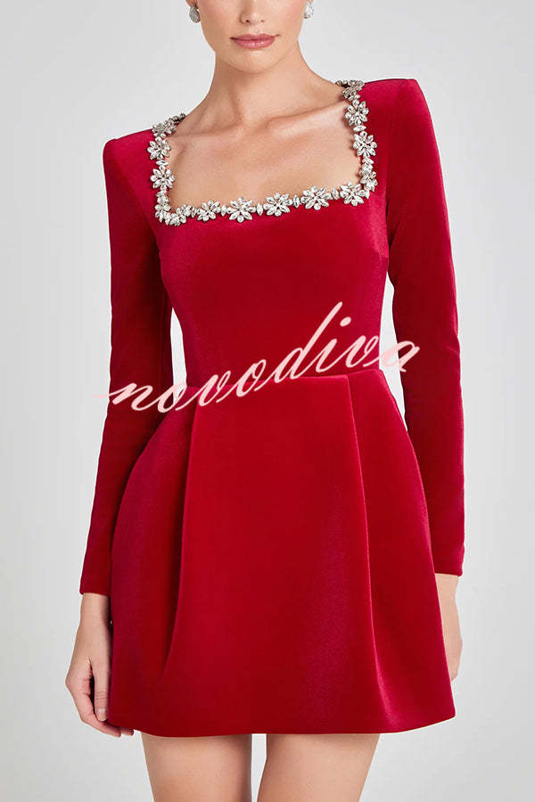 Endless Celebration Velvet Jewel Embellished Trim Long Sleeve Pocketed Mini Dress