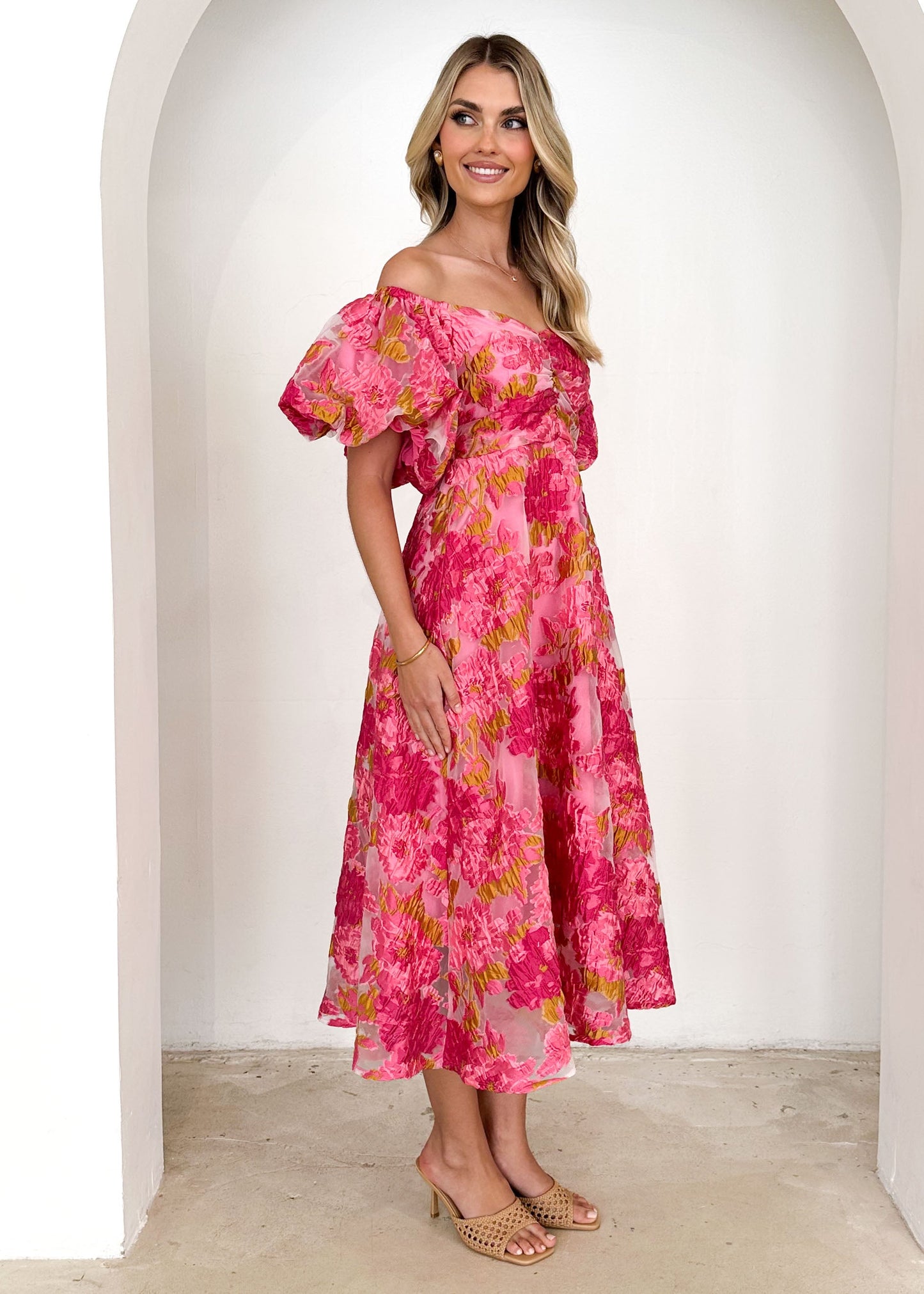 Tulliah Off Shoulder Midi Dress - Pink Jacquard