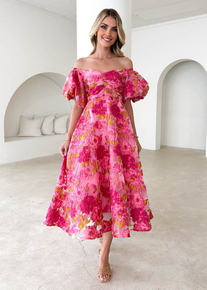 Tulliah Off Shoulder Midi Dress - Pink Jacquard