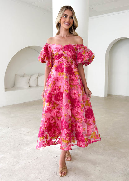 Tulliah Off Shoulder Midi Dress - Pink Jacquard