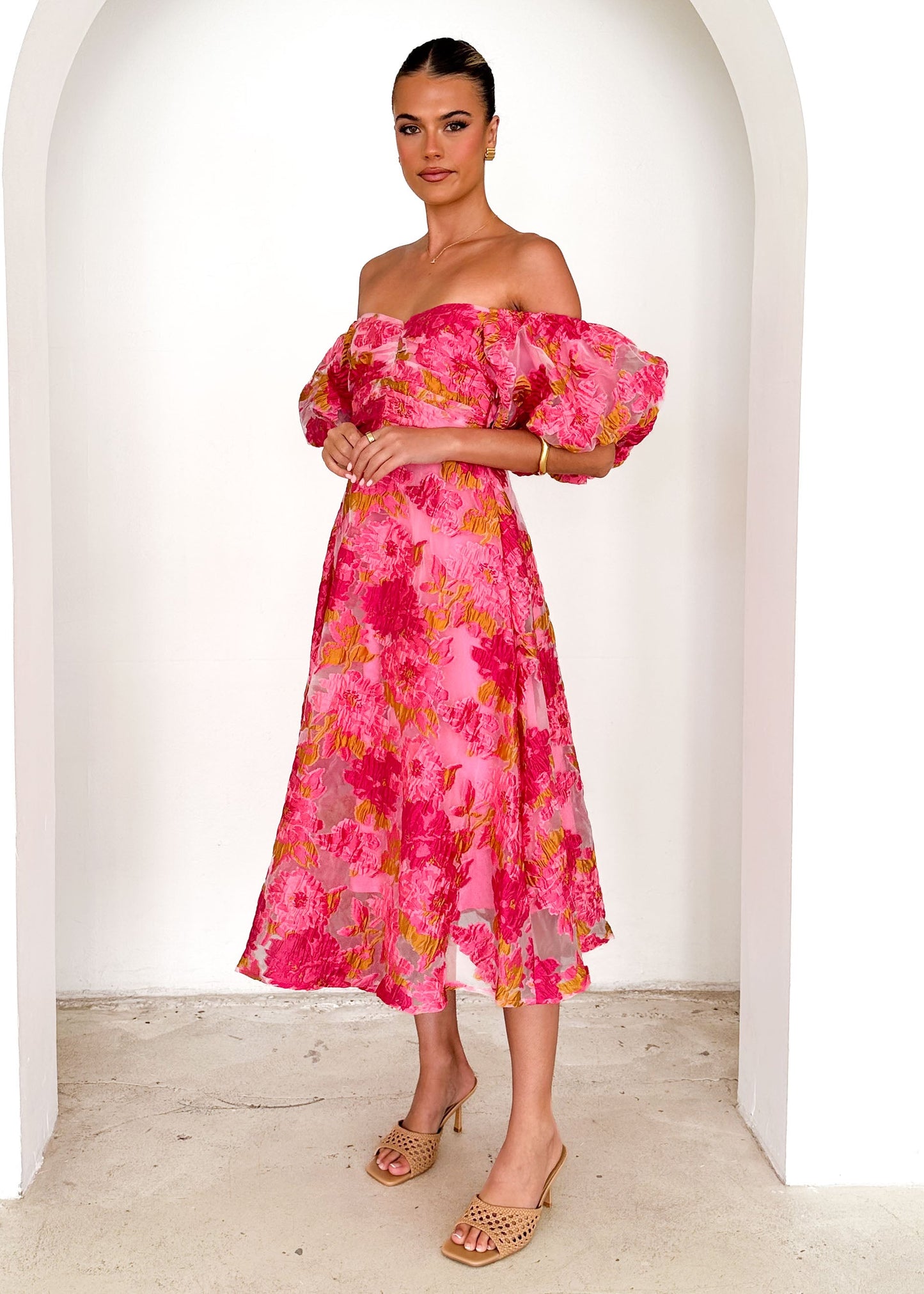 Tulliah Off Shoulder Midi Dress - Pink Jacquard