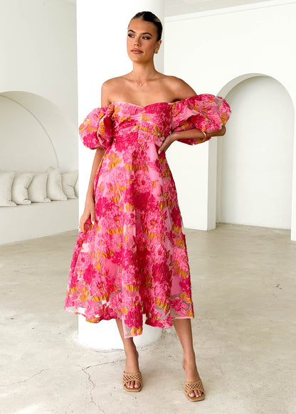 Tulliah Off Shoulder Midi Dress - Pink Jacquard