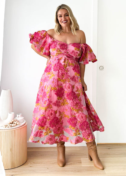 Tulliah Off Shoulder Midi Dress - Pink Jacquard