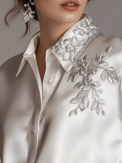 White Satin Blouse With Silver Plant Embroidery