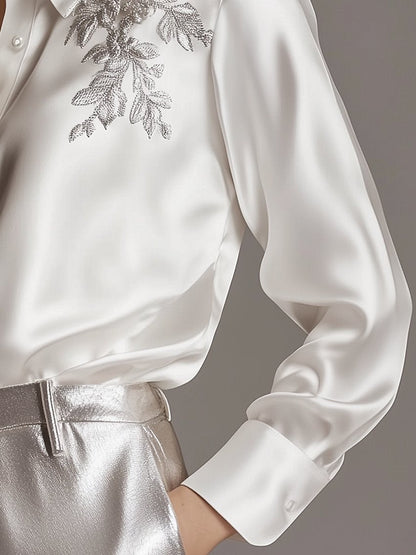 White Satin Blouse With Silver Plant Embroidery