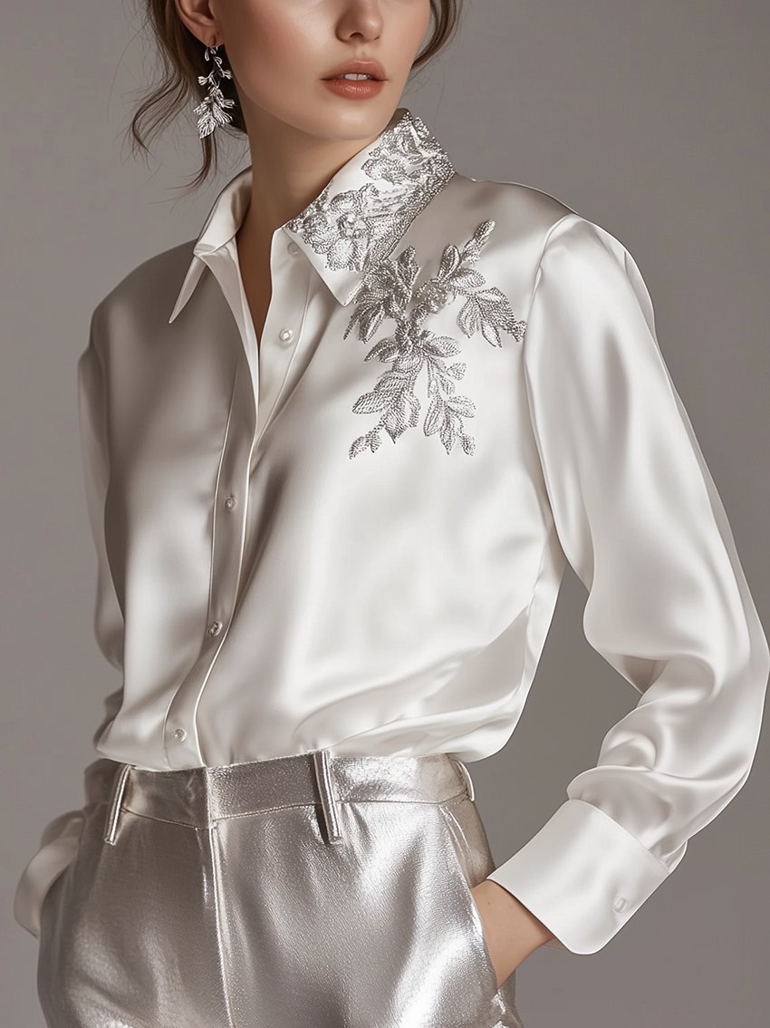 White Satin Blouse With Silver Plant Embroidery