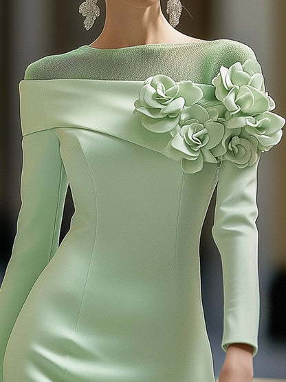 Light Green Midi Pencil Dress With Mesh And 3D Flower Decoration