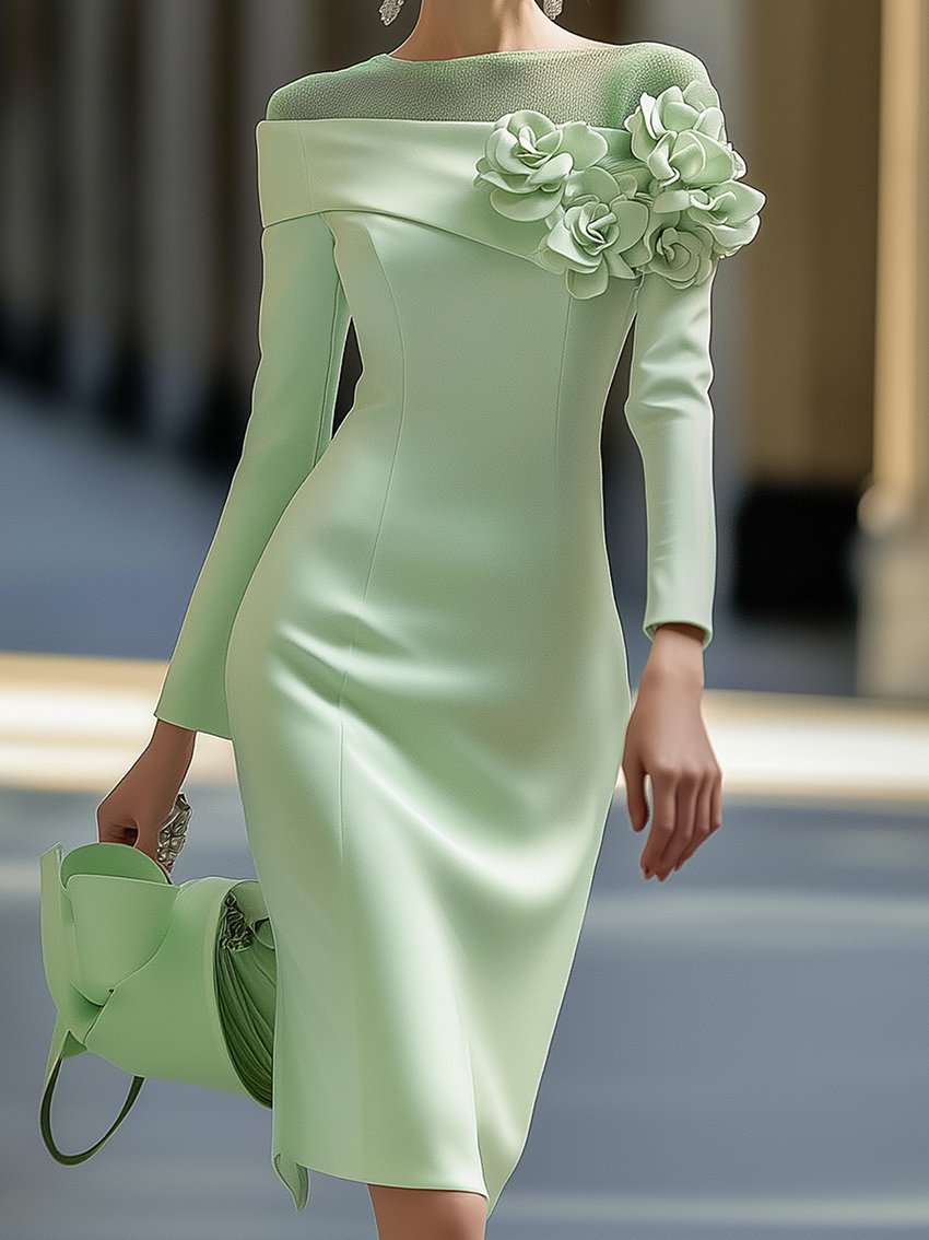 Light Green Midi Pencil Dress With Mesh And 3D Flower Decoration